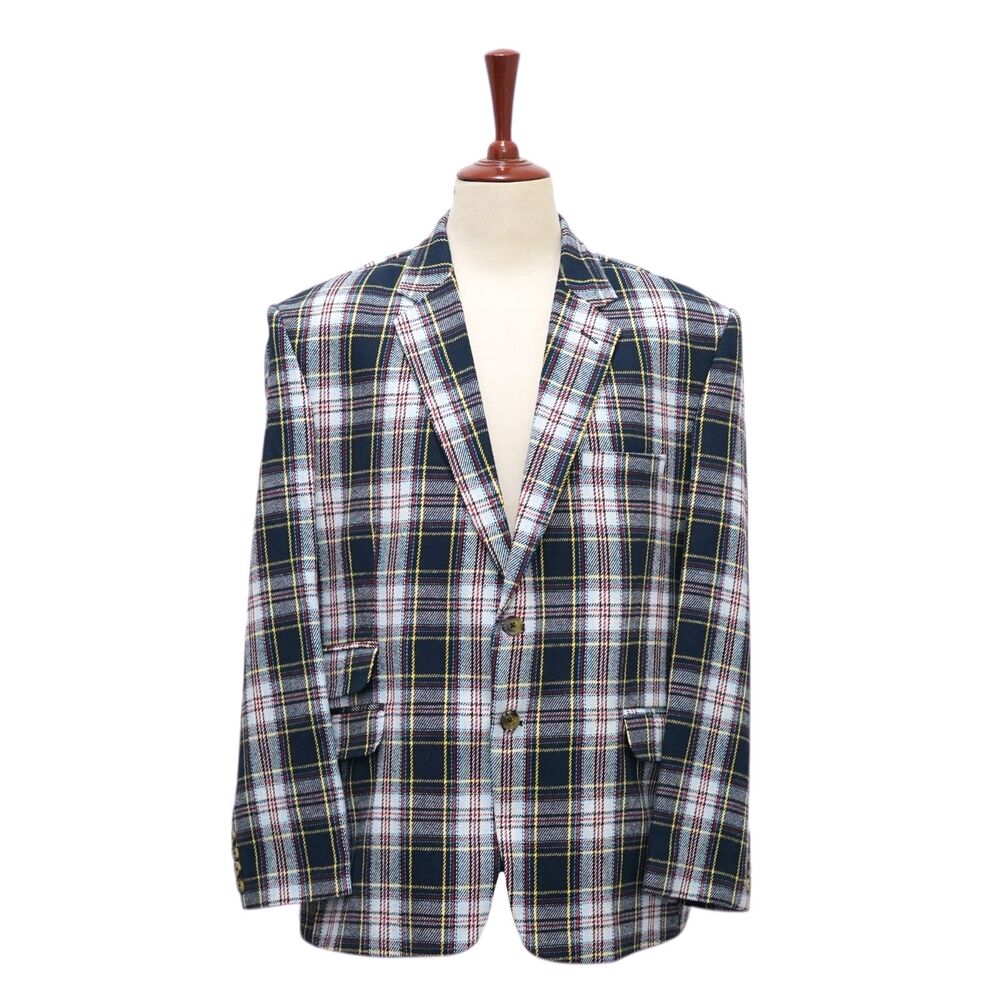 Mens 48R Tartan Plaid Blazer Sport Coat Navy White Red Cotton Formal Preppy - Picture 1 of 9
